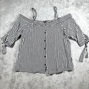 Miss Lili 2X Striped Off Shoulder Button Front Blouse Black White Tie Sleeve